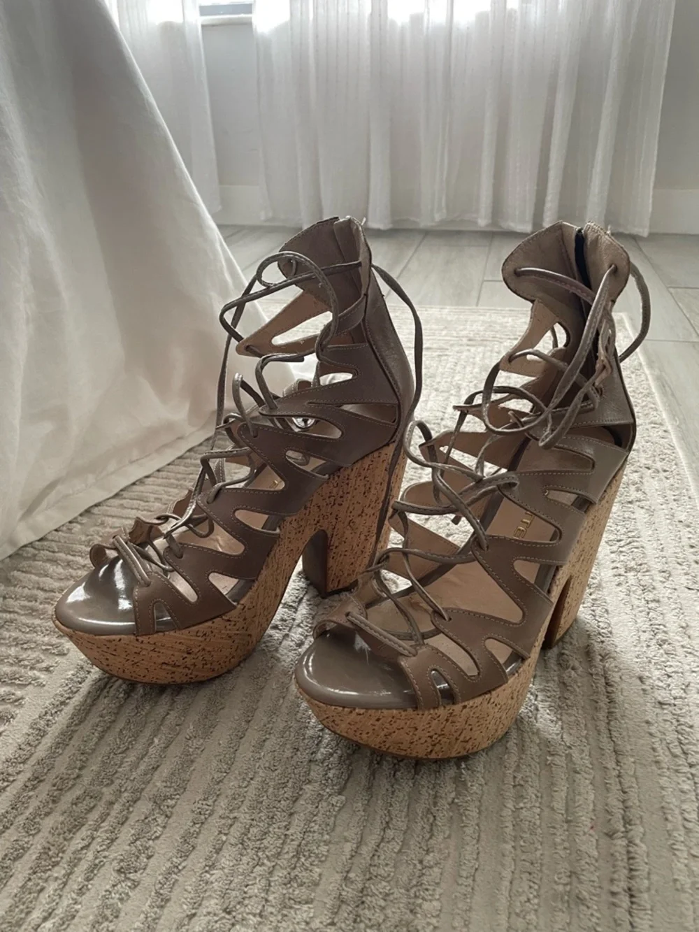 BOTTER Taupe Lace-Up Cork Platform Heeled Sandals